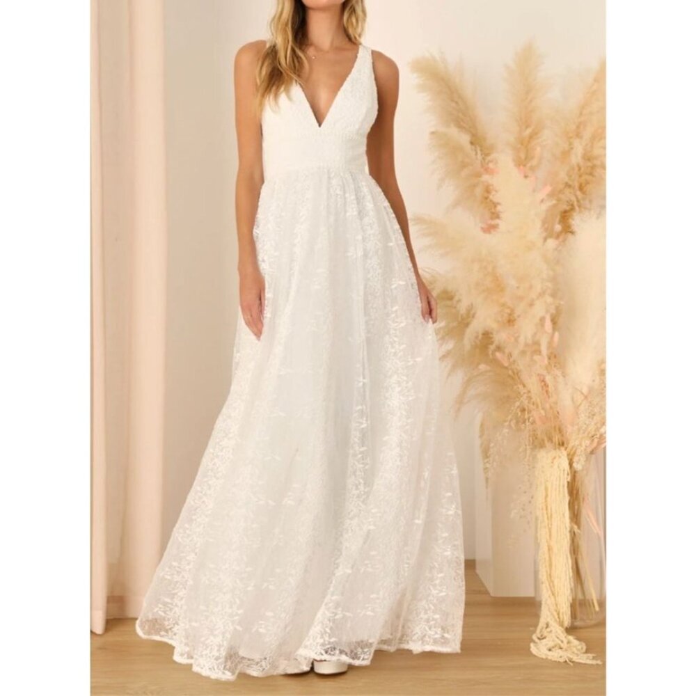 NWOT  | Lulus Sweetest Beloved White Mesh Embroidered Sleeveless Maxi | Sz S
